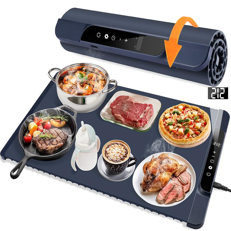 Silicone Food Warming Tray – Electric Heating Mat with 11 Temperature Settings, 10-Hour Timer, Full Surface Rapid Heating, Foldable for Kitchen Countertop & Buffet Parties