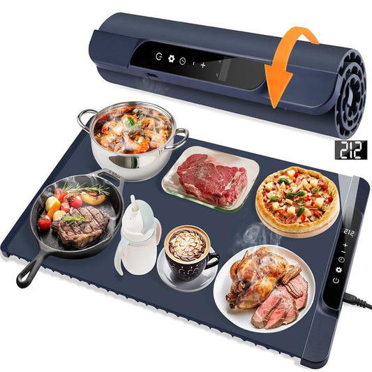 Silicone Food Warming Tray – Electric Heating Mat with 11 Temperature Settings, 10-Hour Timer, Full Surface Rapid Heating, Foldable for Kitchen Countertop & Buffet Parties