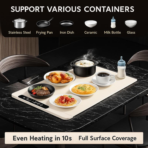 Silicone Food Warming Tray – Electric Heating Mat with 11 Temperature Settings, 10-Hour Timer, Full Surface Rapid Heating, Foldable for Kitchen Countertop & Buffet Parties