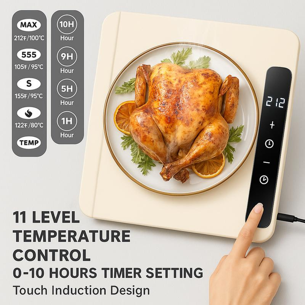 Silicone Food Warming Tray – Electric Heating Mat with 11 Temperature Settings, 10-Hour Timer, Full Surface Rapid Heating, Foldable for Kitchen Countertop & Buffet Parties