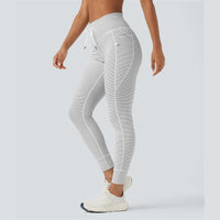 Halara 2-Piece Low Support U Neck Cut Out Stripe Yoga Sports Bra & High Waisted Drawstring Striped Yoga Pants with Pockets Set