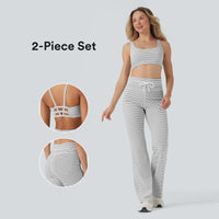 Halara 2-Piece Low Support U Neck Cut Out Stripe Yoga Sports Bra & High Waisted Drawstring Striped Yoga Pants with Pockets Set